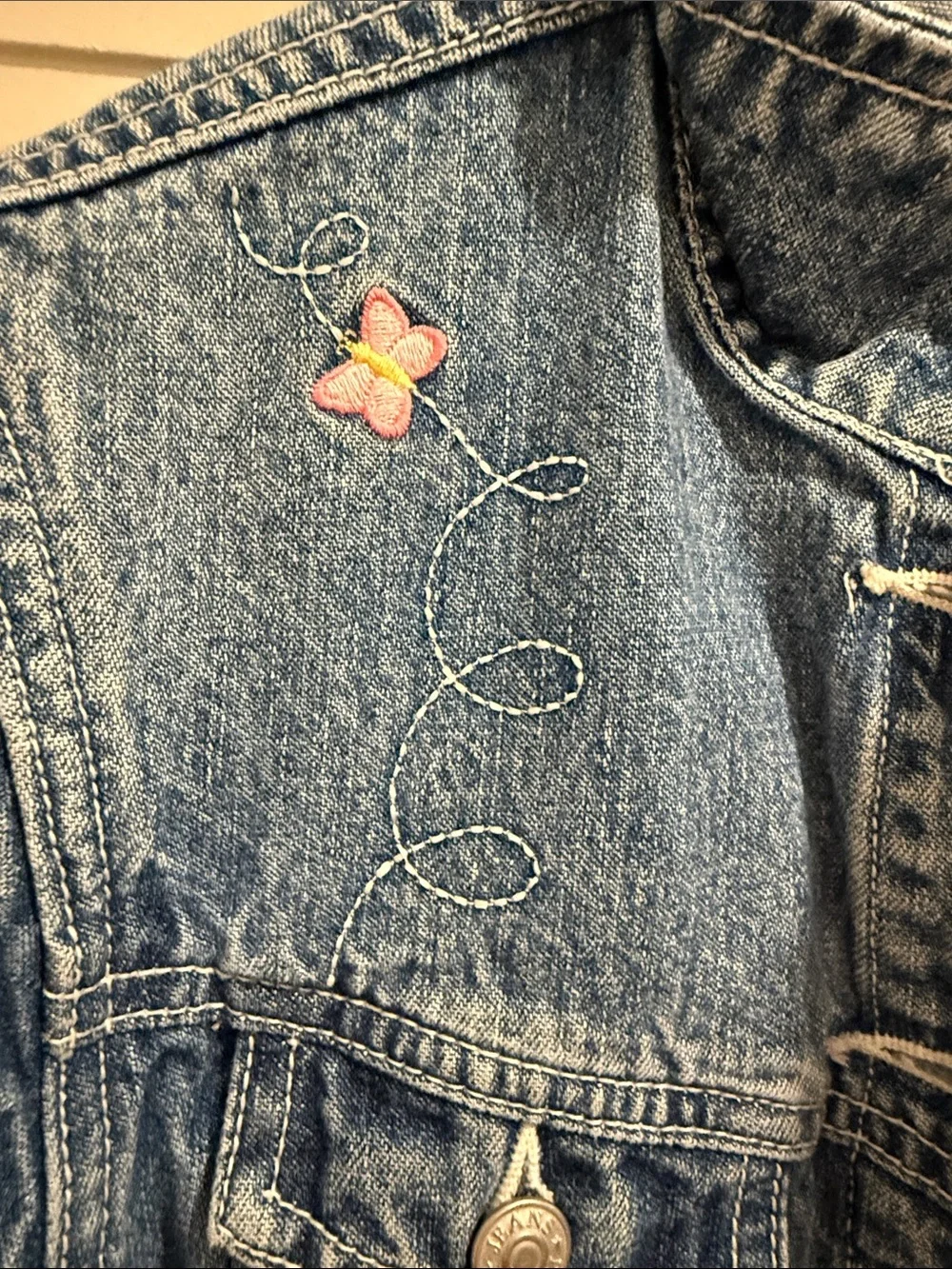 The Children's Place Med Blue Denim Jacket with Floral Embroidery Size 6X/7